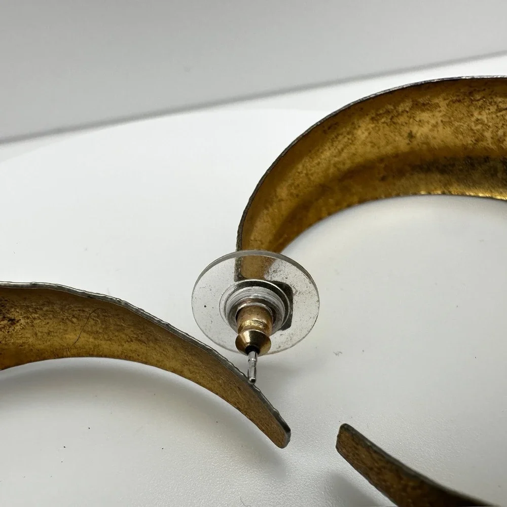 Vintage 80s Gold‎ Tone Textured Hoop Earrings Statement Boho Women's Jewelry Y2K